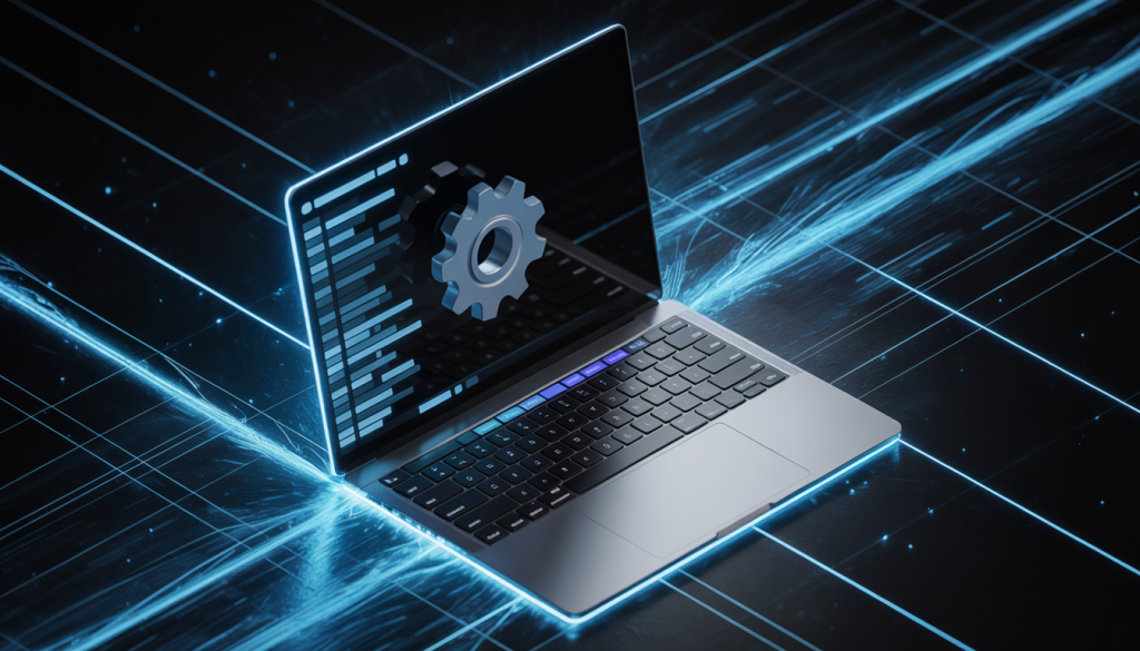 A futuristic illustration of a laptop displaying a small gear on the screen, symbolizing system optimization. The scene features dynamic, bright blue lighting effects to emphasize a tech transformation theme.