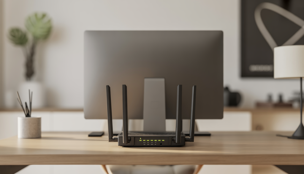 A modern home office with a high-performance computer and router, showcasing an optimized internet setup for fast browsing.