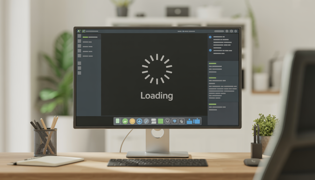 A modern PC setup in a tidy workspace, with the screen showing a loading animation, emphasizing system optimization tools for a smooth computing environment.