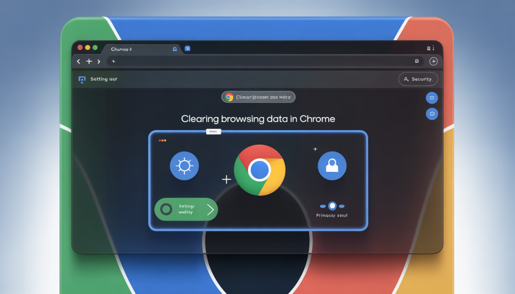 Illustration of a computer screen with a browser window showing the process of clearing browsing data in Chrome, featuring icons for settings and privacy.