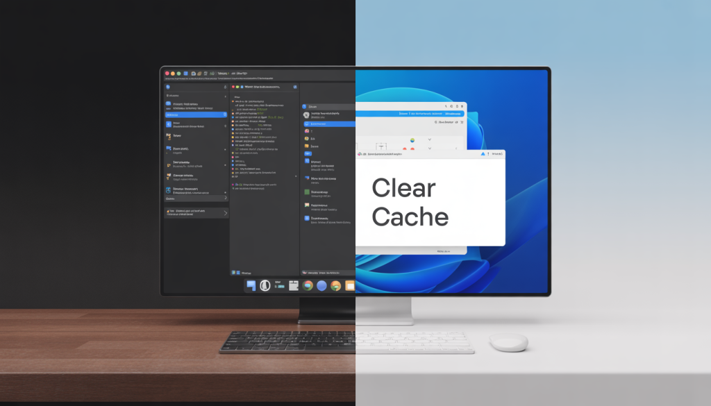 A split-screen image showing a cluttered, slow PC on the left and a clean, fast PC on the right, with a 'Clear Cache' message on the fast PC screen, highlighting the benefits of cache clearing.
