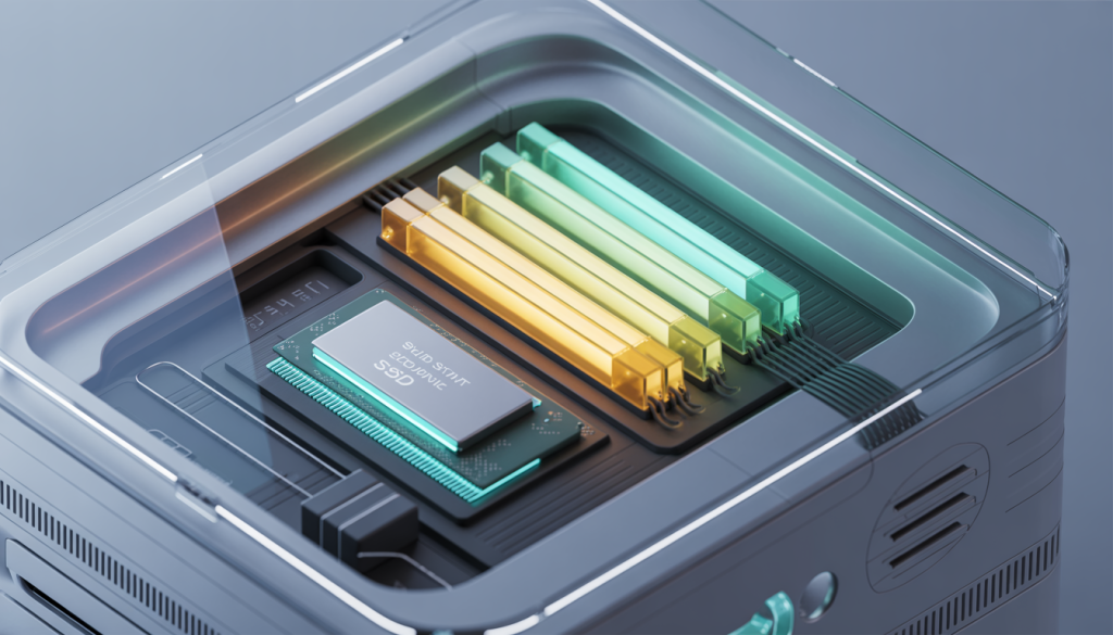 A modern desktop computer with a speedometer graphic on the screen, set in a minimalist office.