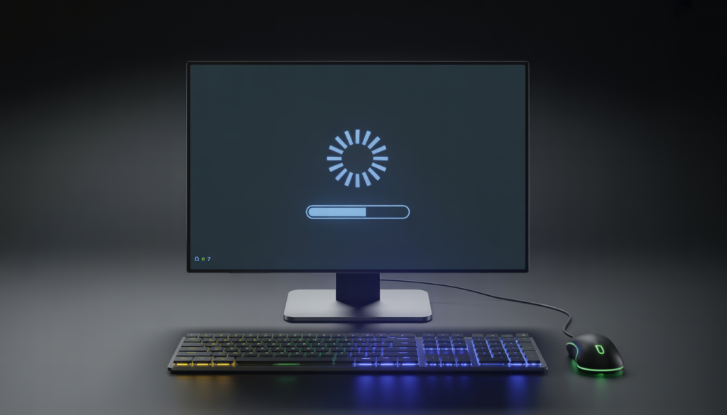 A modern desktop setup with a high-performance PC, glowing LED keyboard and mouse, and a screen showing a generic startup screen with a loading icon, set in a minimalistic and organized environment.