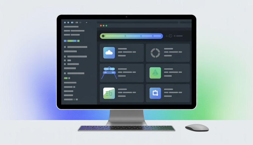 A modern desktop computer on a tidy desk, showing tasks being completed and cache icons being cleared on the screen, set against a blue and green gradient background.