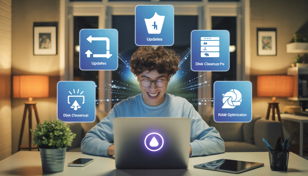 A conceptual image of a computer with gears and digital elements, symbolizing optimization and maintenance, set against a purple and blue gradient background.