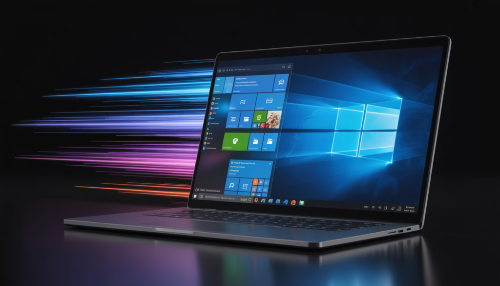 A sleek laptop displaying Windows 10 with digital speed lines, representing optimized performance.