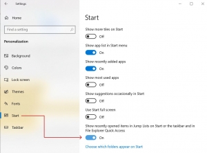 in the Settings panel select Start then click ON for Show Recently Opened