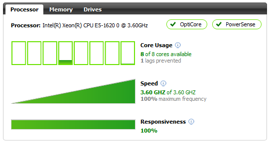 Screenshot of OptiCore and PowerSense dashboard within System Mechanic